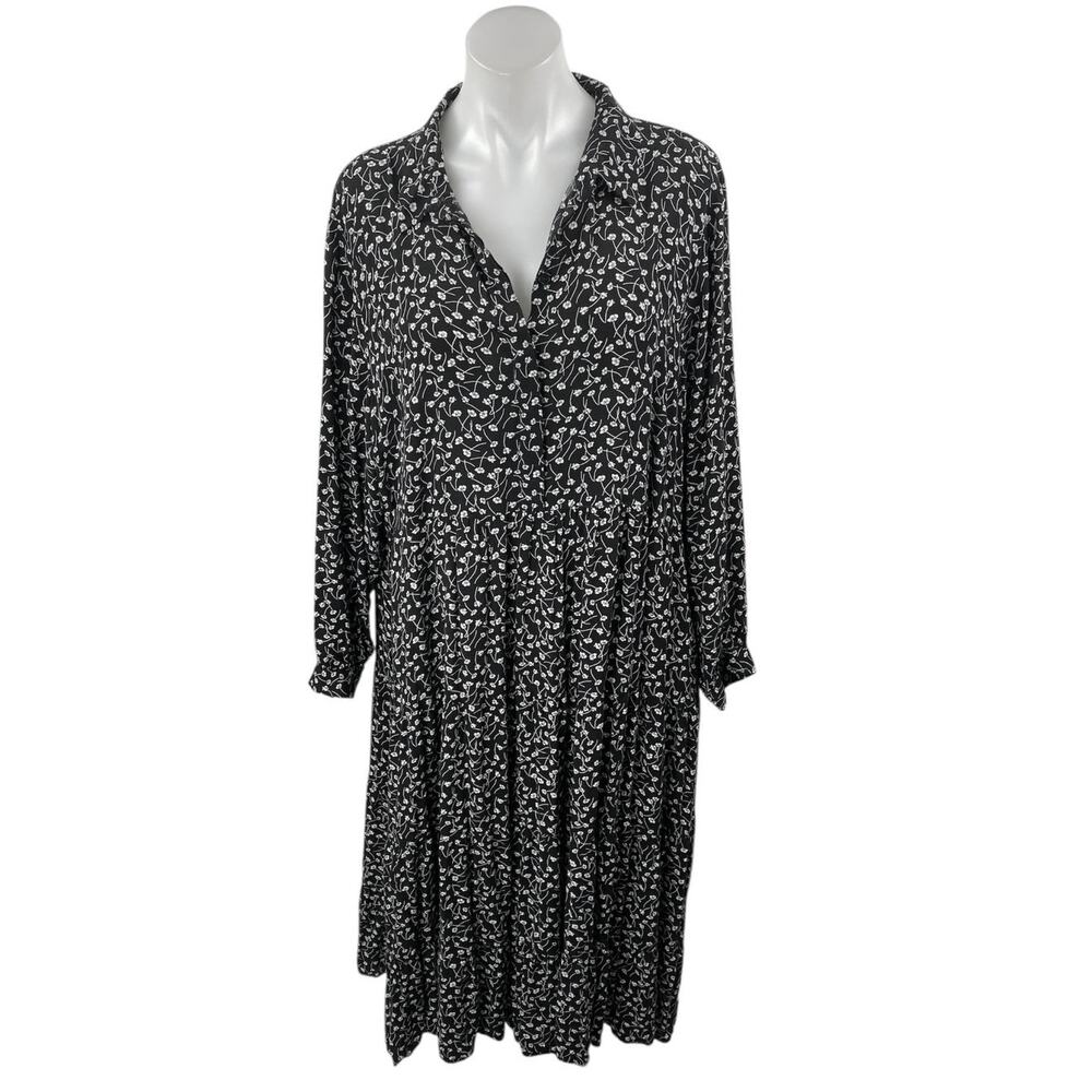 MONKL Black White Floral Long Sleeve Collared Pleated Midi Swing Dress Size XL